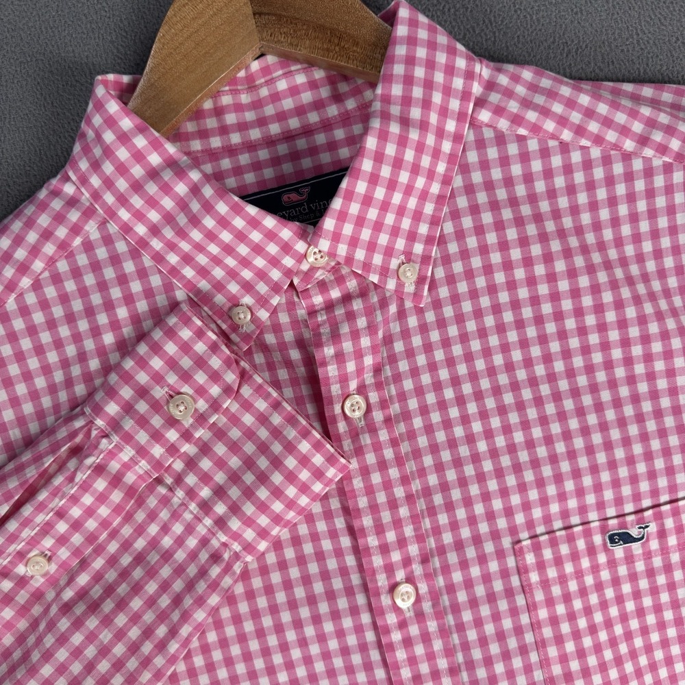 Vineyard Vines Shirt Medium Pink Gingham Classic Fit Whale Logo Nautical Prep